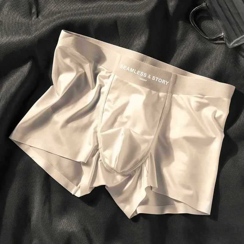 Men's ice silk satin underwear in coffee, light gray, white, and blue colours on a mid waist brief.
