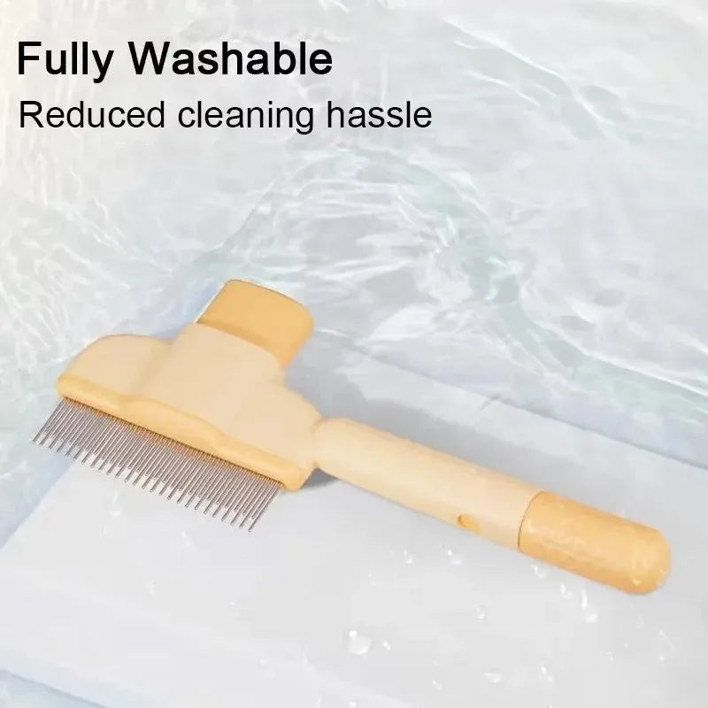 Green and yellow pet grooming brush with one-click hair removal and silicone bristles for dogs