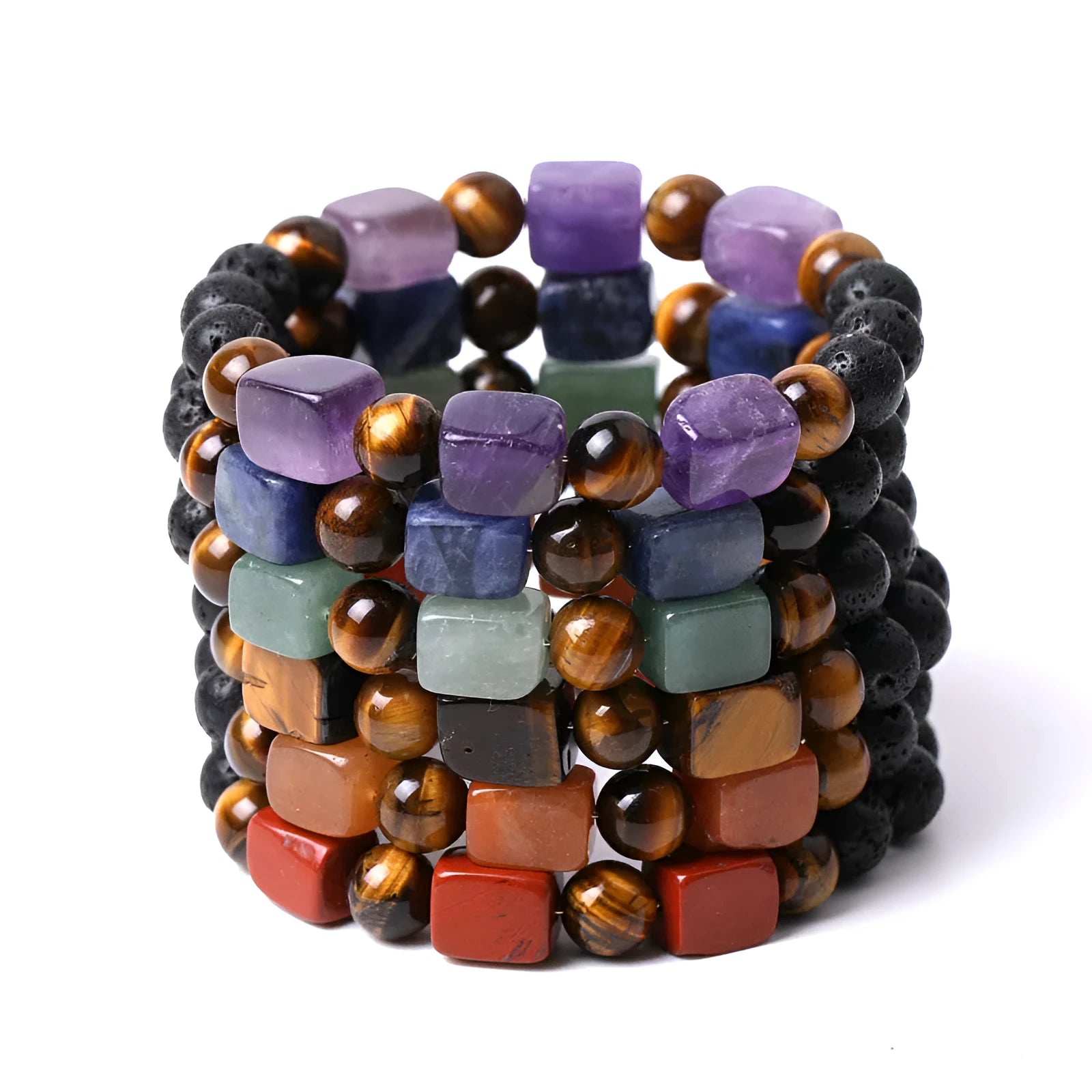 Square volcanic stone and amethyst crystal bracelet with geometric 8mm beads in multiple colour options