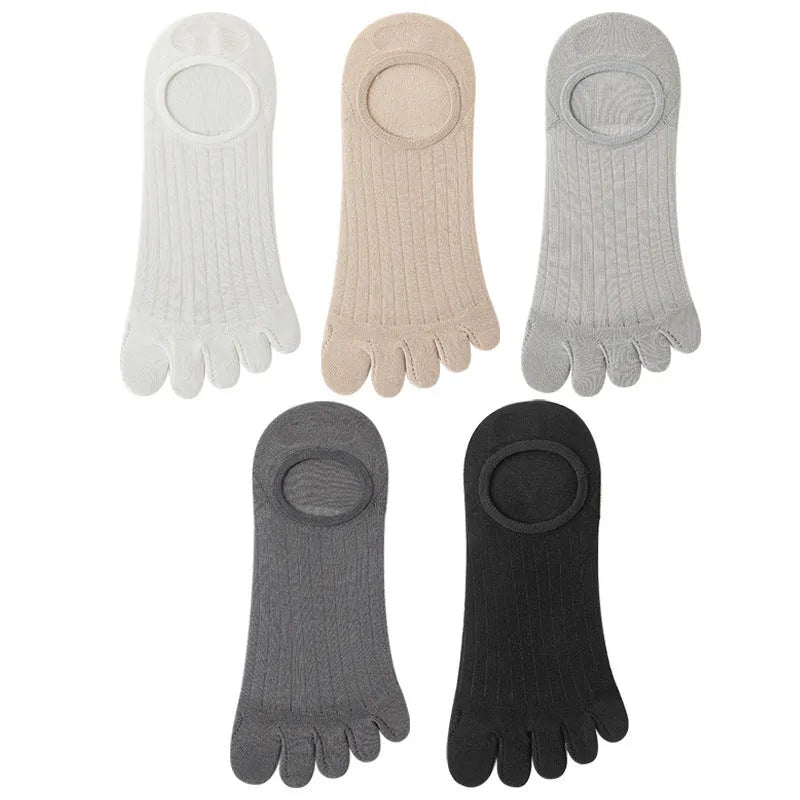 Modal cotton five-finger ultra-thin boat socks in black, white, khaki, light grey, and dark grey