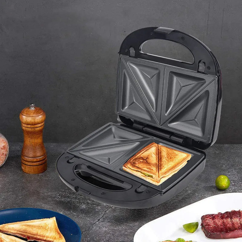 Black double-sided electric sandwich pan with non-stick coating and brushed stainless steel top