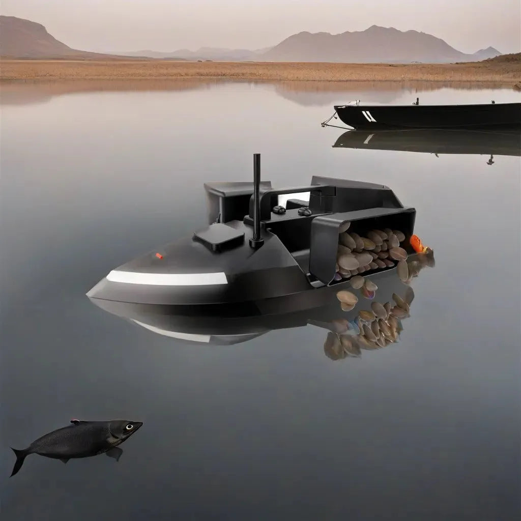 Remote control fishing boat with GPS antenna on deck, shown on water with remote control.