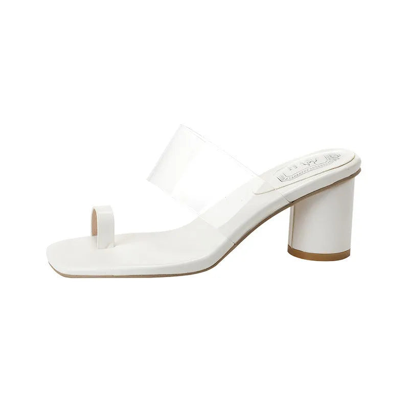 Toe covering transparent ankle-strap chunky heel outdoor slippers in black with black rubber sole and square head design