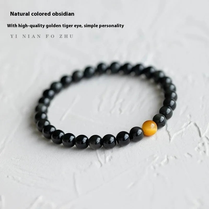 Black obsidian geometric bracelet in Korean style with stone construction