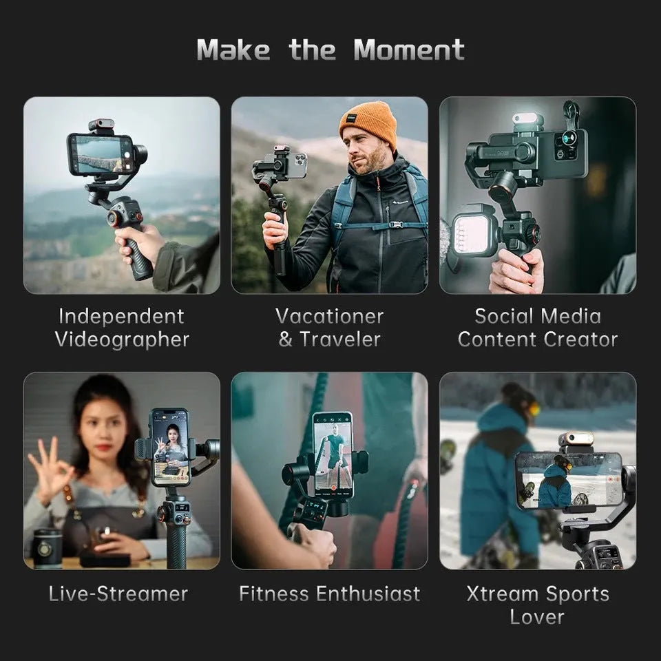 Black AI face tracking three-axis smartphone stabiliser with magnetic fill light mounted on tripod