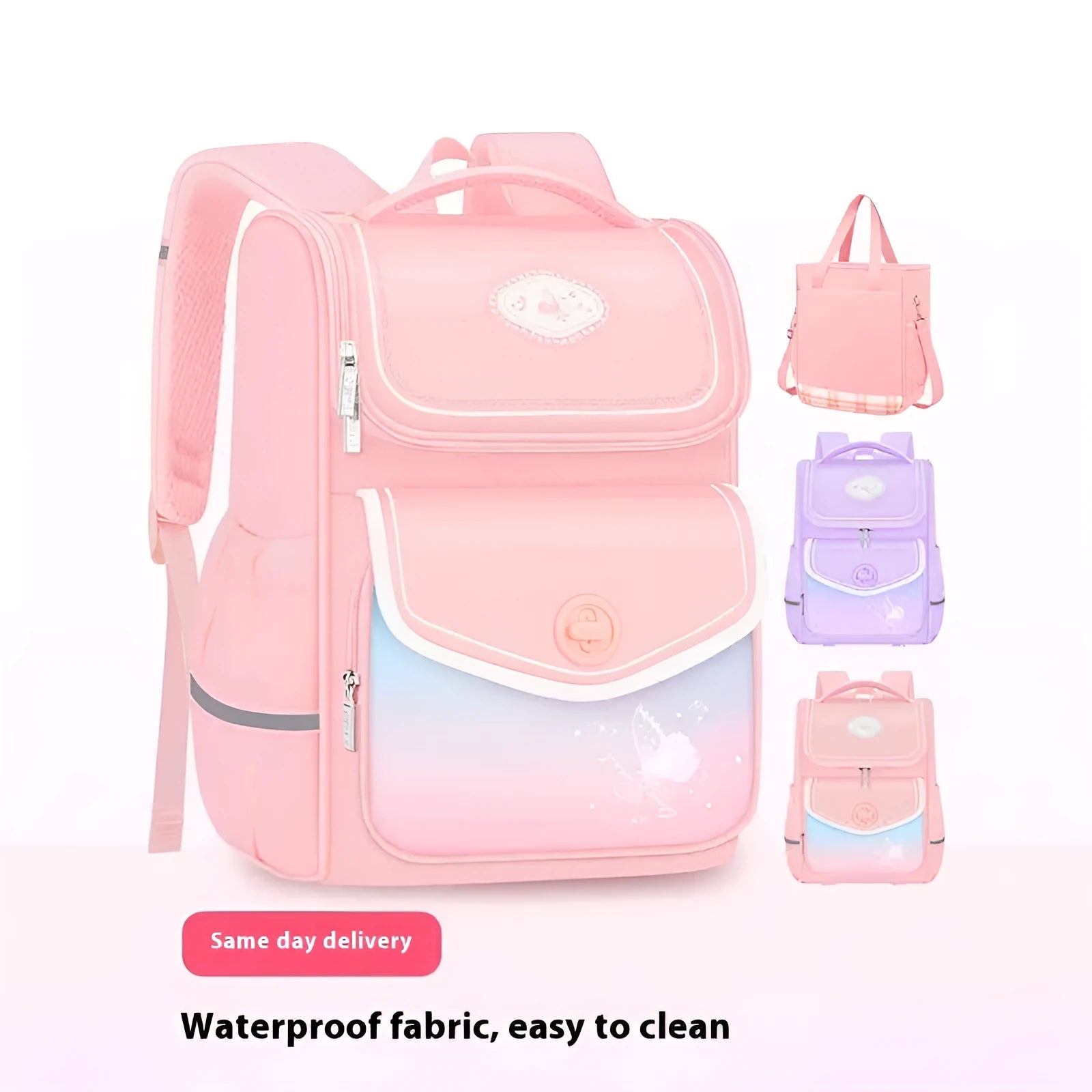 Girls' waterproof schoolbag in pink, purple or green for primary school students grades 1 to 6