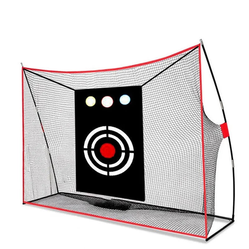 Golf training net with swing wedge on 30x60 cm straw mat including practice balls and accessories
