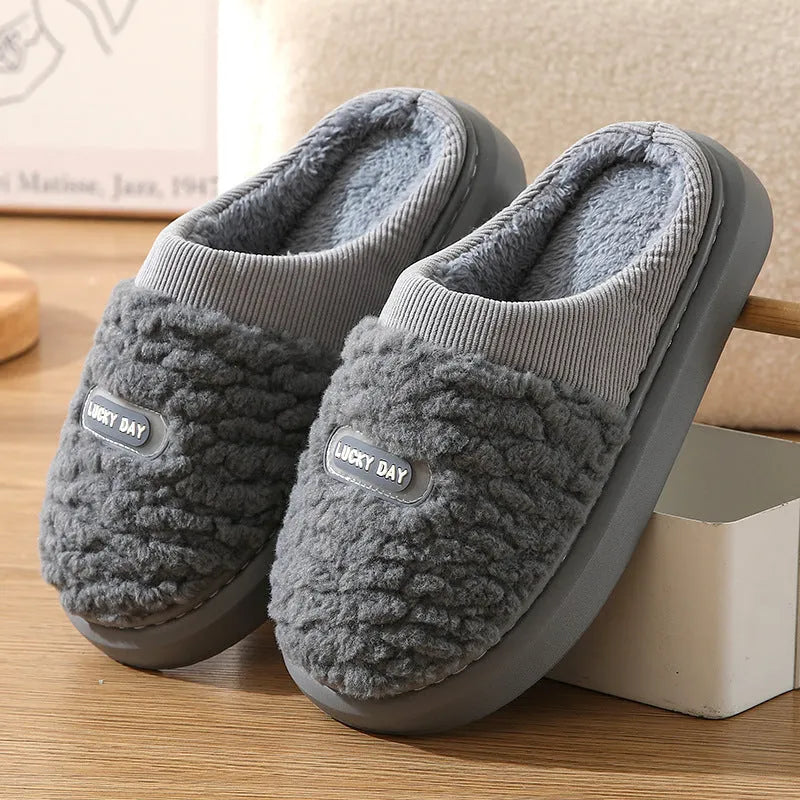 Men's plaid cotton winter slippers with rabbit hair upper and thick EVA sole in brown colour
