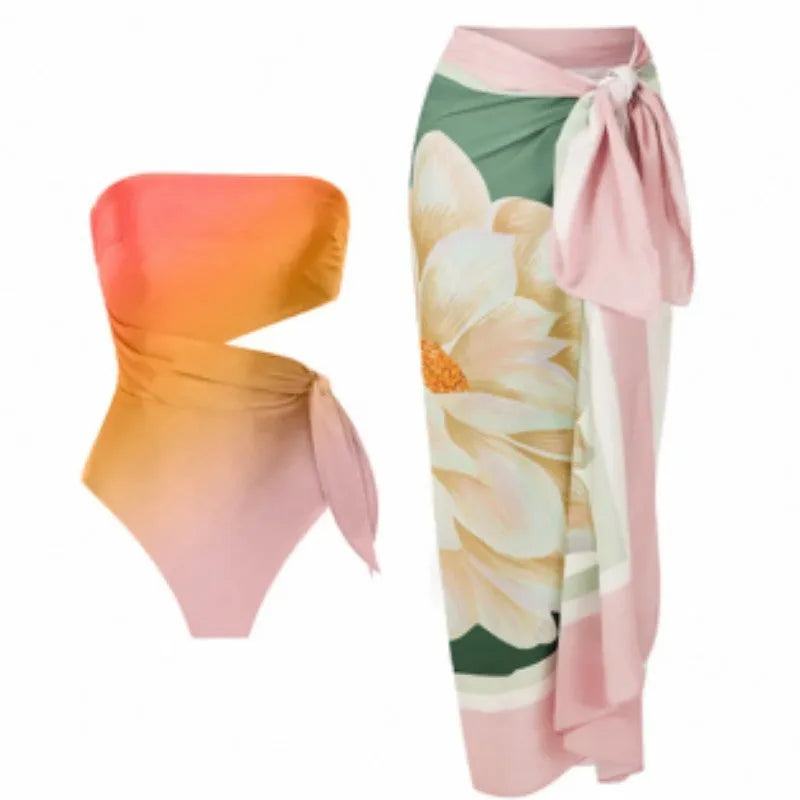 Women's retro floral print one-piece swimsuit in quick-drying polyester fabric