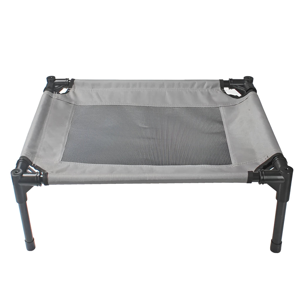 Black outdoor dog bed with removable oxford cloth cover and steel frame measuring 55cm long