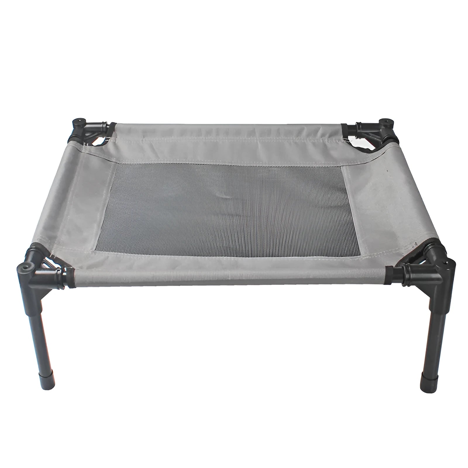 Black outdoor dog bed with removable oxford cloth cover and steel frame measuring 55cm long