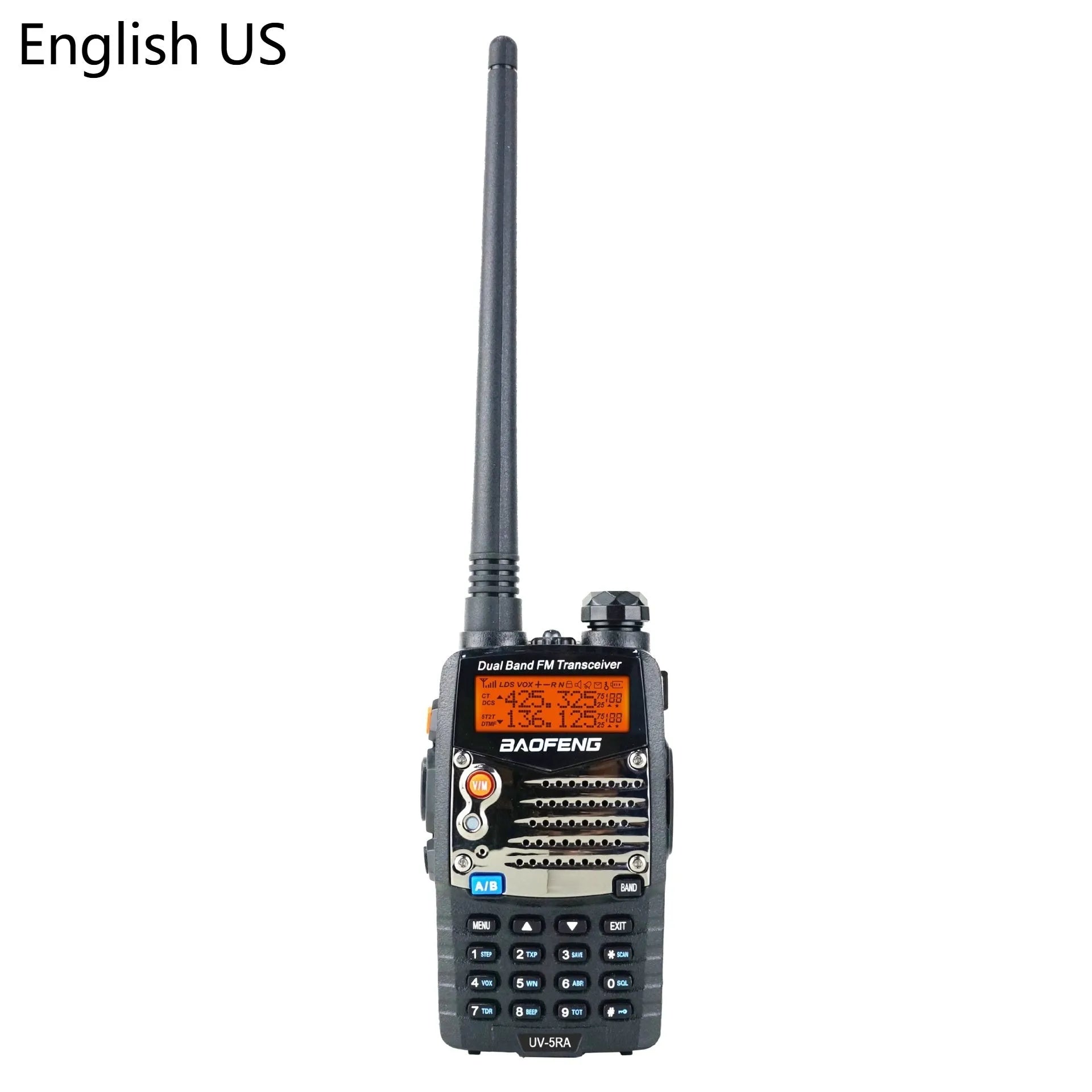 Baofeng UV-5RA black handheld dual-band two-way radio with dual display and antenna.