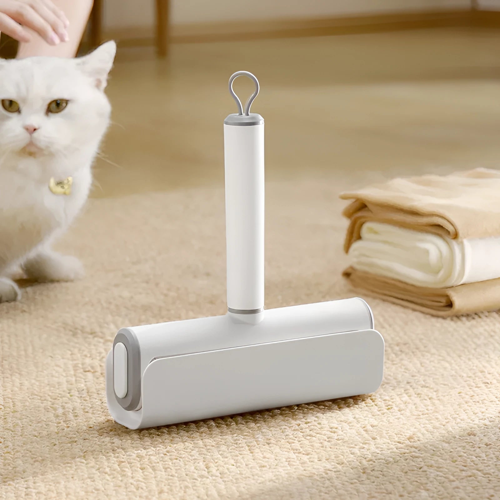 Lint remover roller with tearable paper stick for pet hair removal from floors