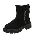 Women's black thick plush snow boot with side zipper and round toe on a rubber sole.