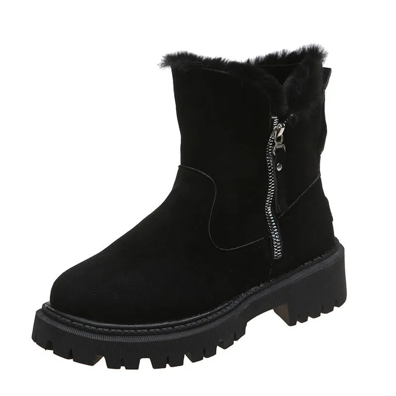 Women's black thick plush snow boot with side zipper and round toe on a rubber sole.