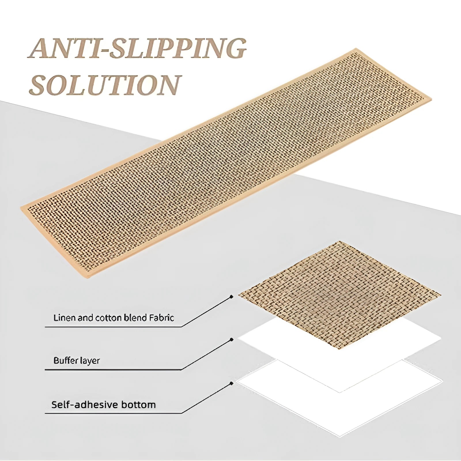 Japanese-style linen-look stair mat in camel colour on a wooden step.