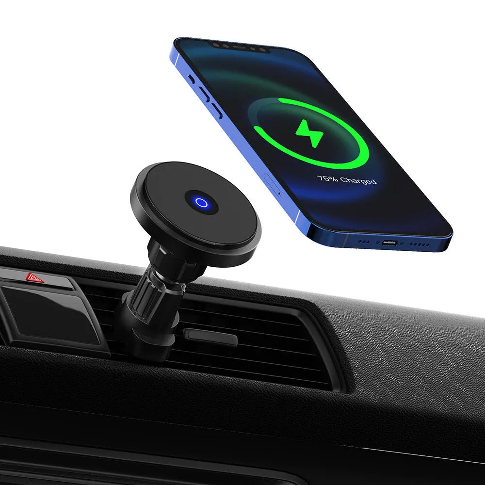 Silver magnetic car wireless charging bracket mounted on car air vent with phone charging