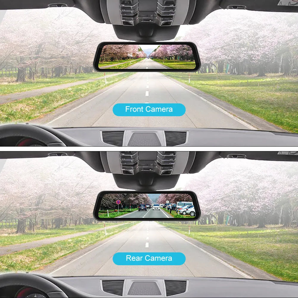 9.66 inch mirror-mounted car dash cam with rear view camera displayed with 64GB memory card and installation kit