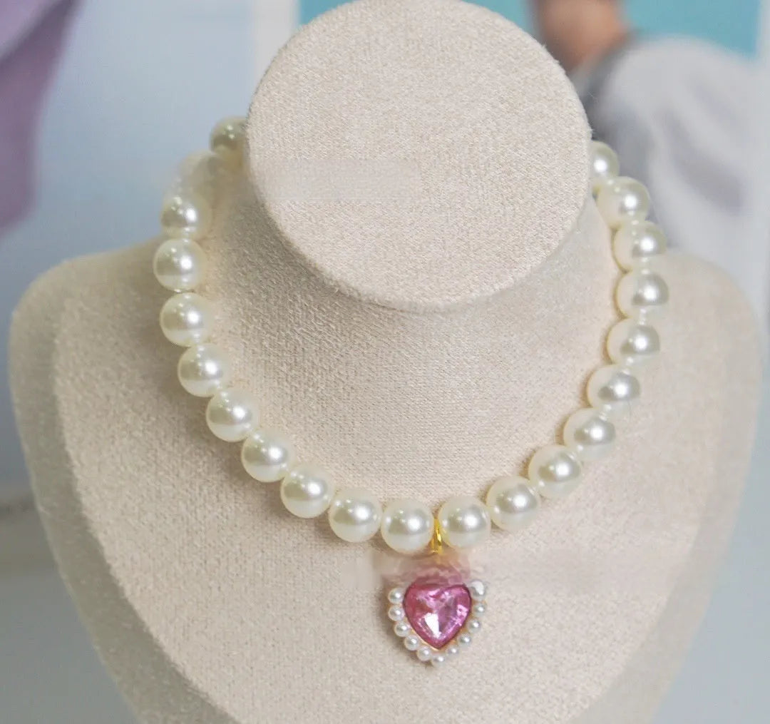 Decorative pearl and love gem cat collar necklace in a choice of colours on size guide.