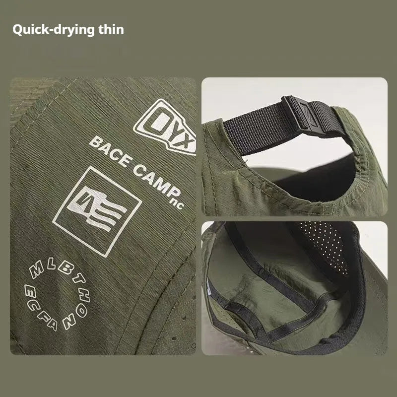 Men's adjustable mesh baseball cap in khaki colour showing breathable fabric texture