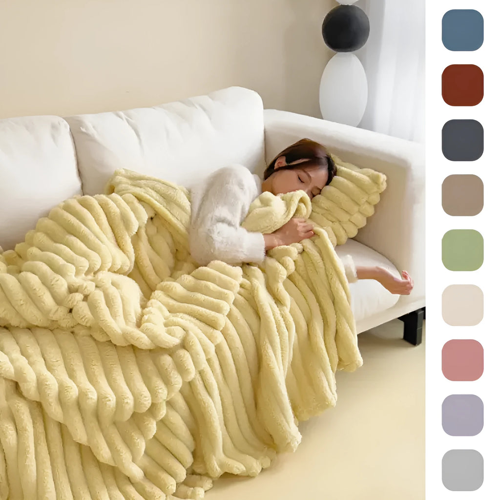 Soft Wind bubble velvet faux rabbit fur blanket in caramel colour showing double-sided texture
