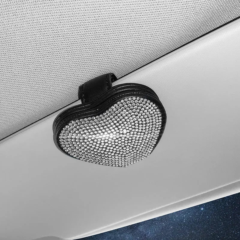 Diamond-encrusted PU leather car sun visor clip with magnetic closure for glasses and ticket storage