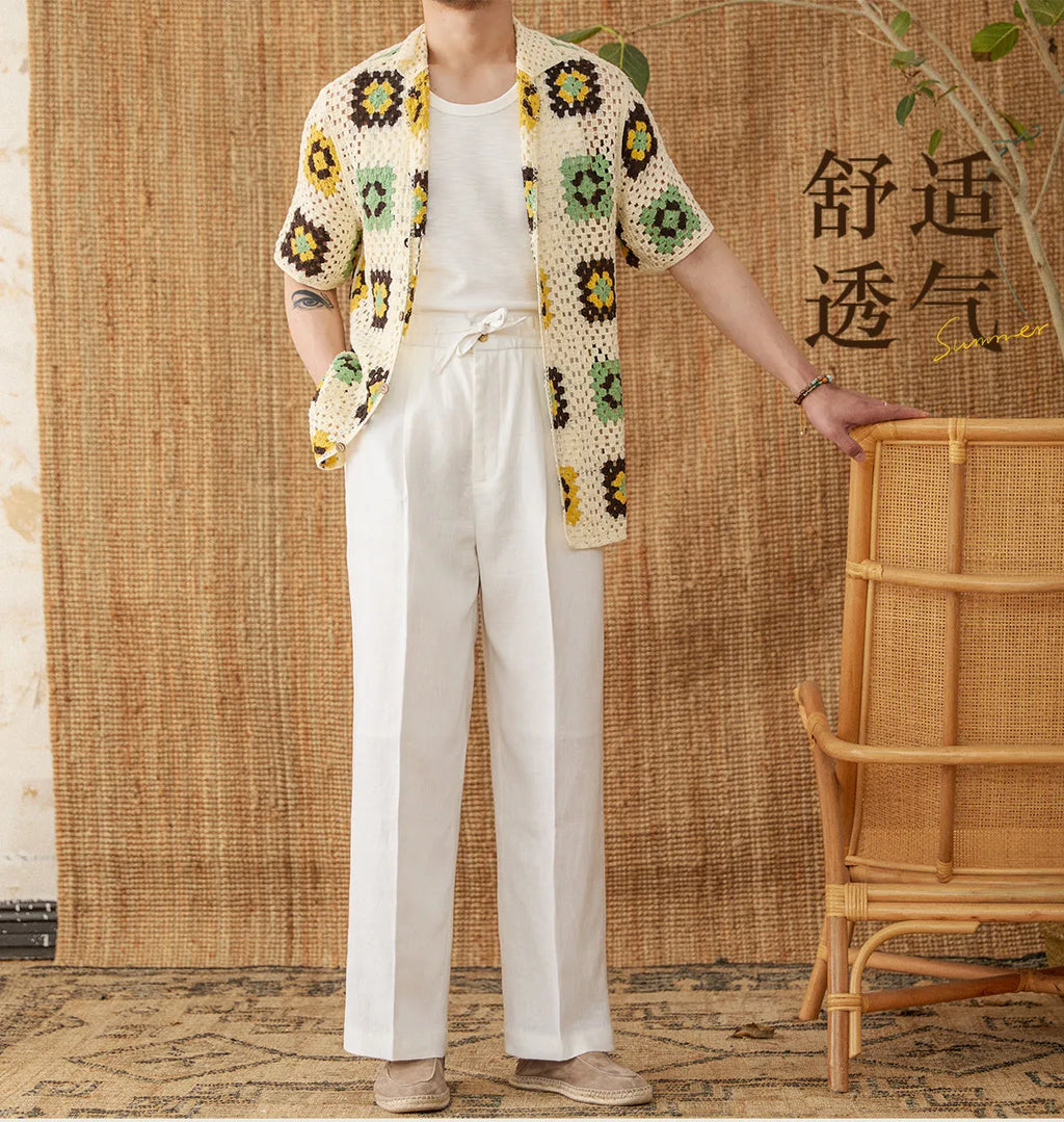 Women's linen trousers with elasticated high waistband in loose straight-leg cut
