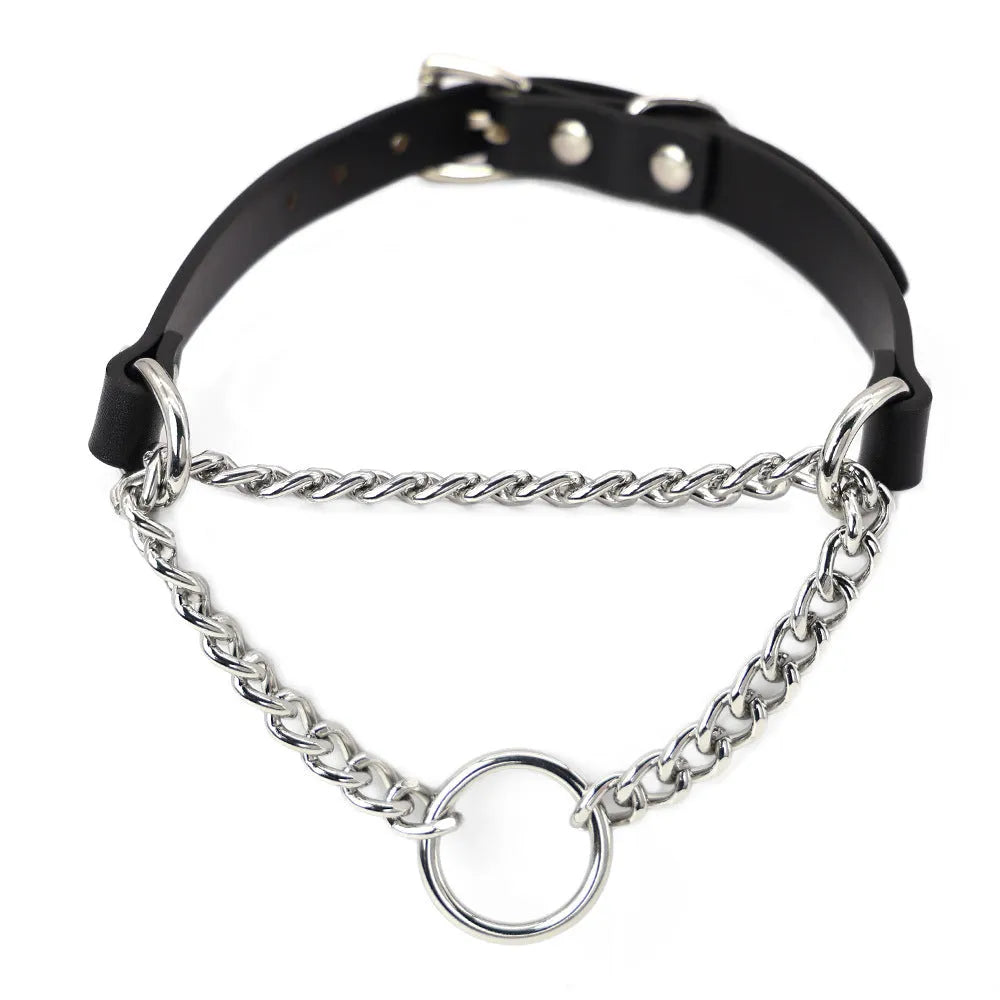 Black cowhide leather punk-style collar with buckle and matching leash with a hand grip section.