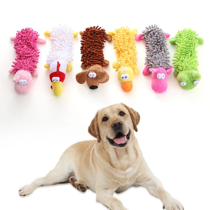 Plush dog toy with microfiber horse molar texture in six animal designs including dog, duck, chicken, pig, frog, and hippo