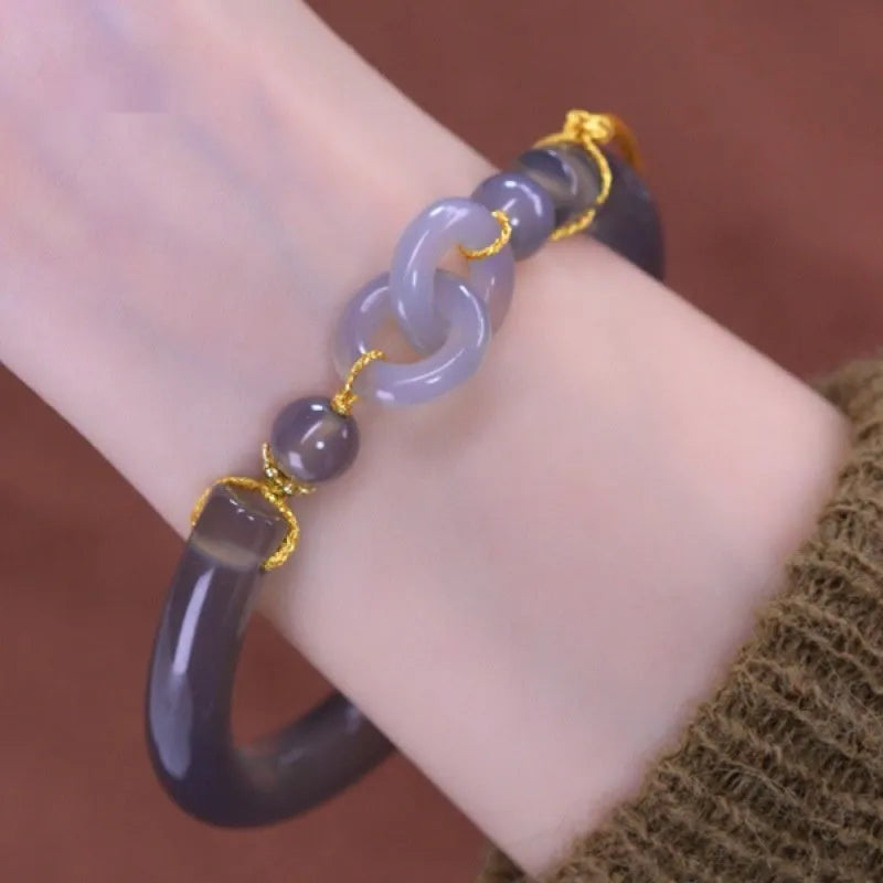 Women's smoke purple agate half bracelet with ring buckle in grey retro style