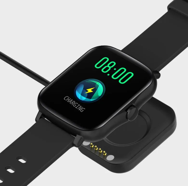 Black smart sports watch with colour touch screen on adjustable strap, showing heart rate data.