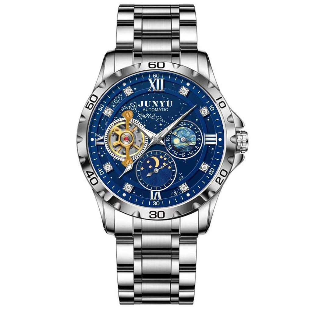 Men's automatic mechanical watch with luminous markers on a starry sky dial in a stainless steel case.