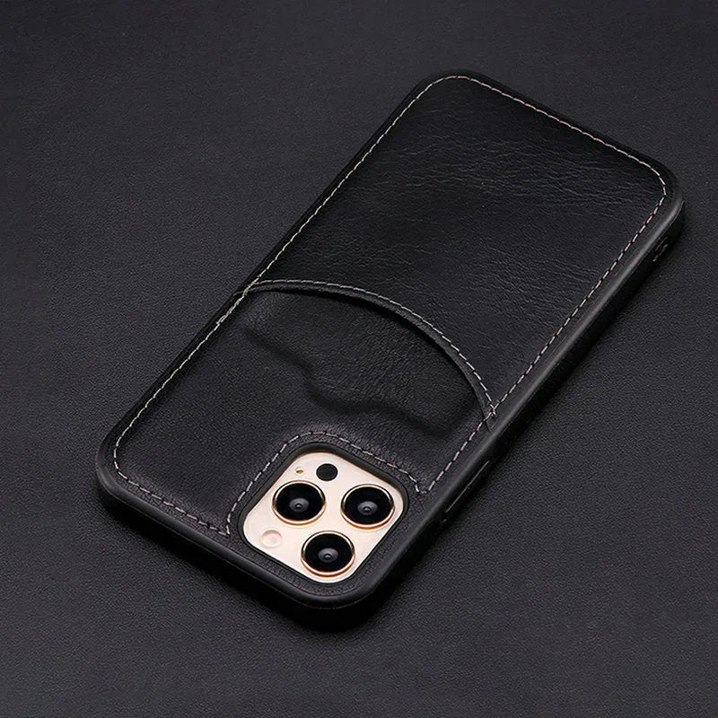 Dark blue PU leather protective case for iPhone models on a phone