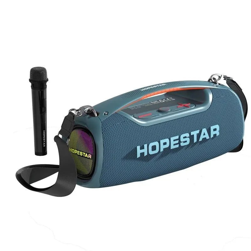 Super Bass Bluetooth speaker in black with waterproof design, 100W output, and included microphone for outdoor karaoke use