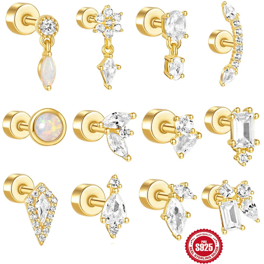 S925 sterling silver flat column threaded ear bone stud in a gold plating colour