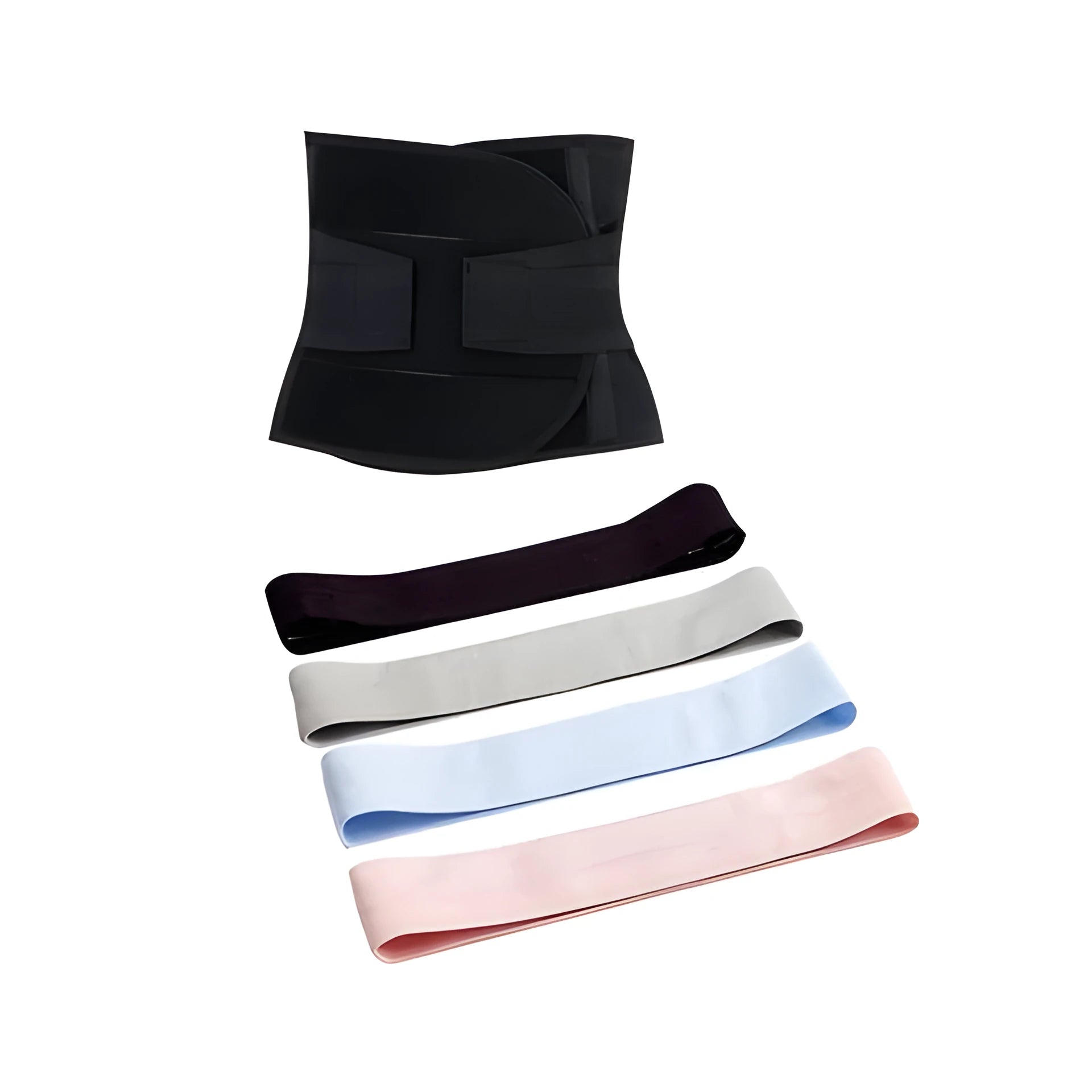 Women sports equipment set includes black waistband, resistance band, ankle strap, and jump rope for home workouts