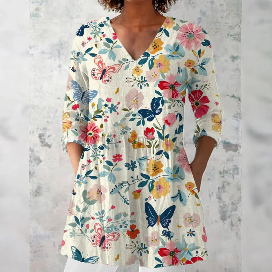 Women's retro slim fit printed long-sleeved top in a digital print design.