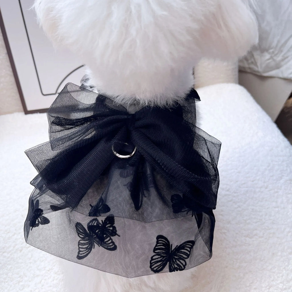 Black gauze tulle princess skirt costume on a small dog, showing the layered skirt and fitted bodice.
