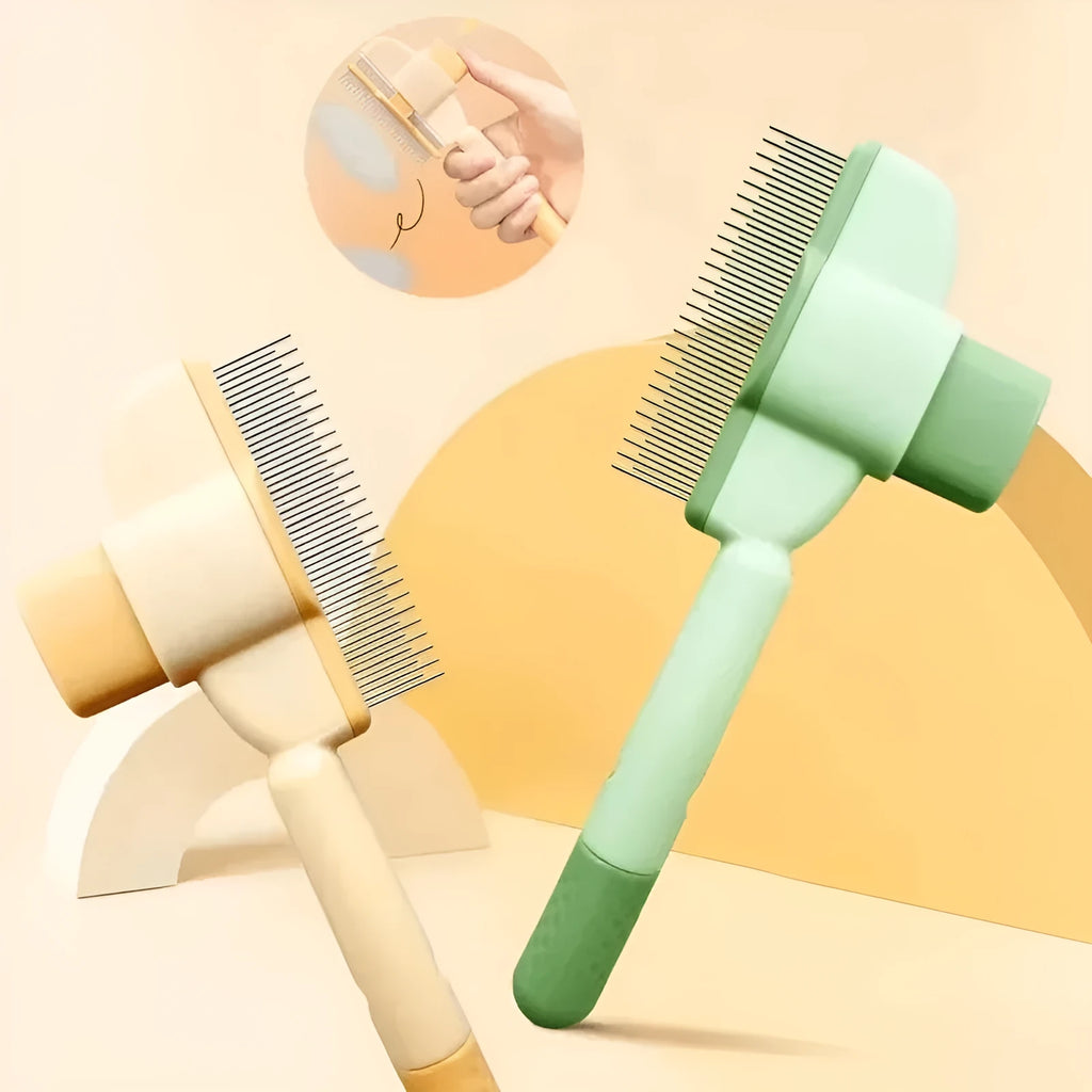 Green and yellow pet grooming brush with one-click hair removal and silicone bristles for dogs