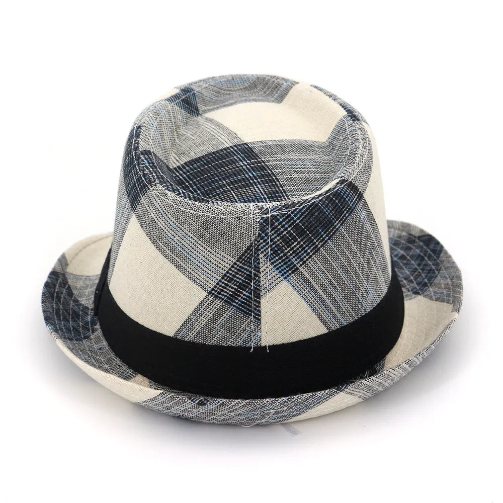 A blue polyester sun hat with a wide brim and bell-shaped crown on a neutral background.