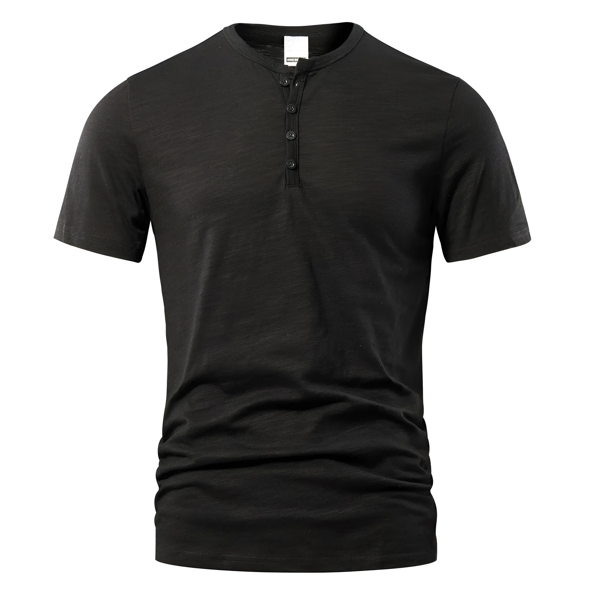 Men's solid colour slub cotton short sleeve T-shirt on a hanger, showcasing its textured fabric and casual style.