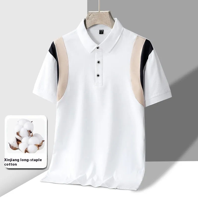 Men's striped short-sleeved cotton T-shirt in loose Korean-style fit on a hanger.