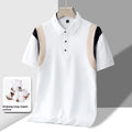Men's striped short-sleeved cotton T-shirt in loose Korean-style fit on a hanger.