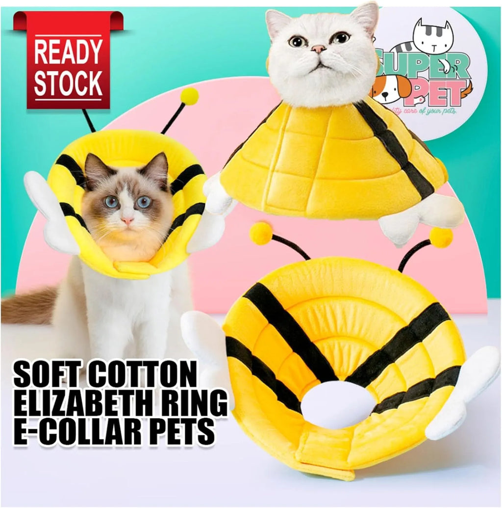 Soft grey cat cone collar with black velcro strap and a cute yellow bee design on the front.