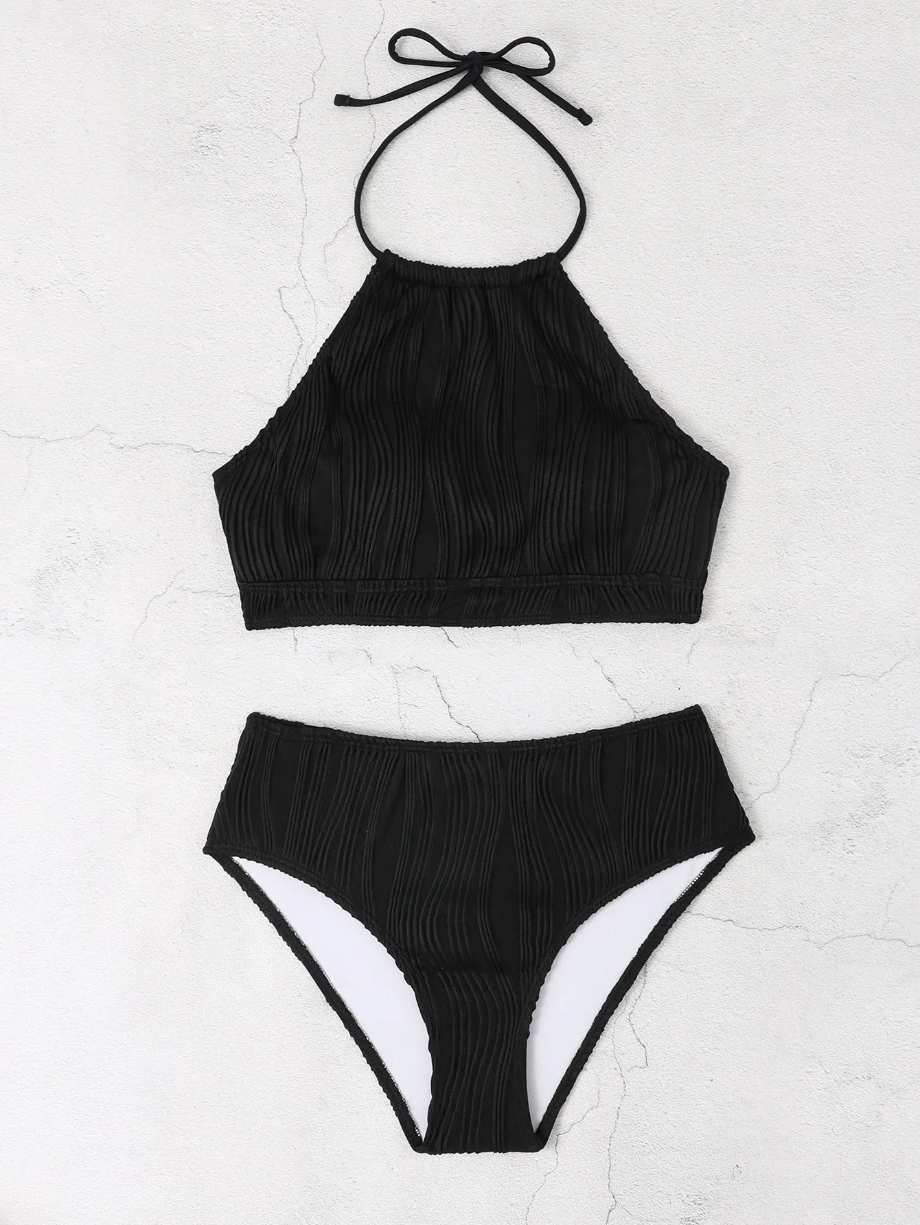 Women's conservative high waist swimwear two-piece set in polyester fabric