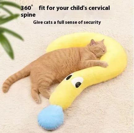 Blue and yellow U-shaped cloth pillows for cats in moon and question mark designs.