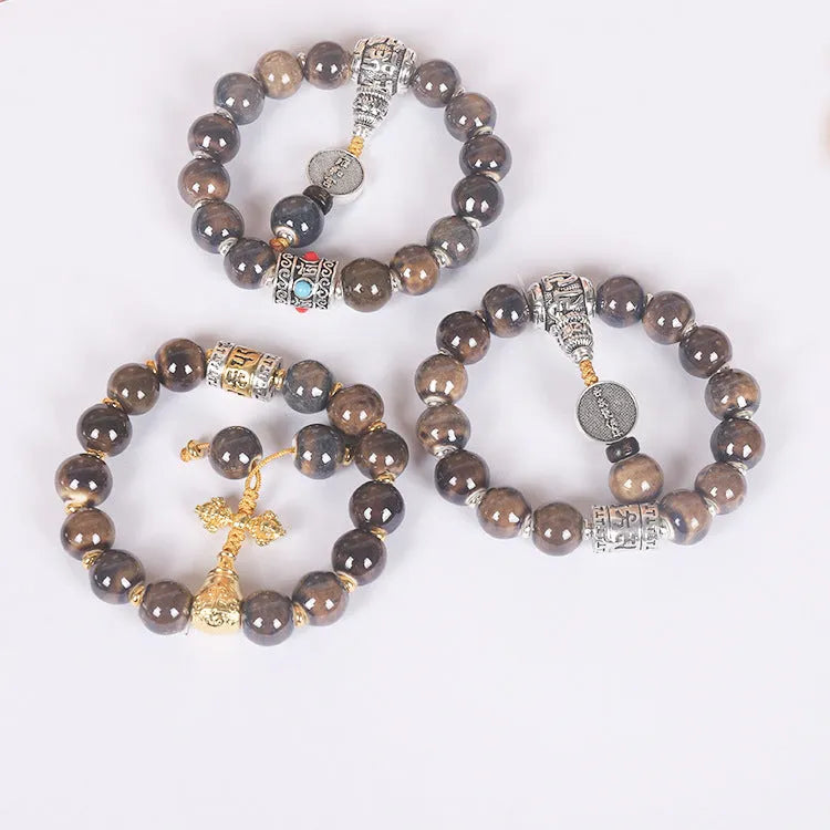 Men's ceramic gradient bead Buddhist charm bracelet with coloured glaze, approximately 13mm diameter.