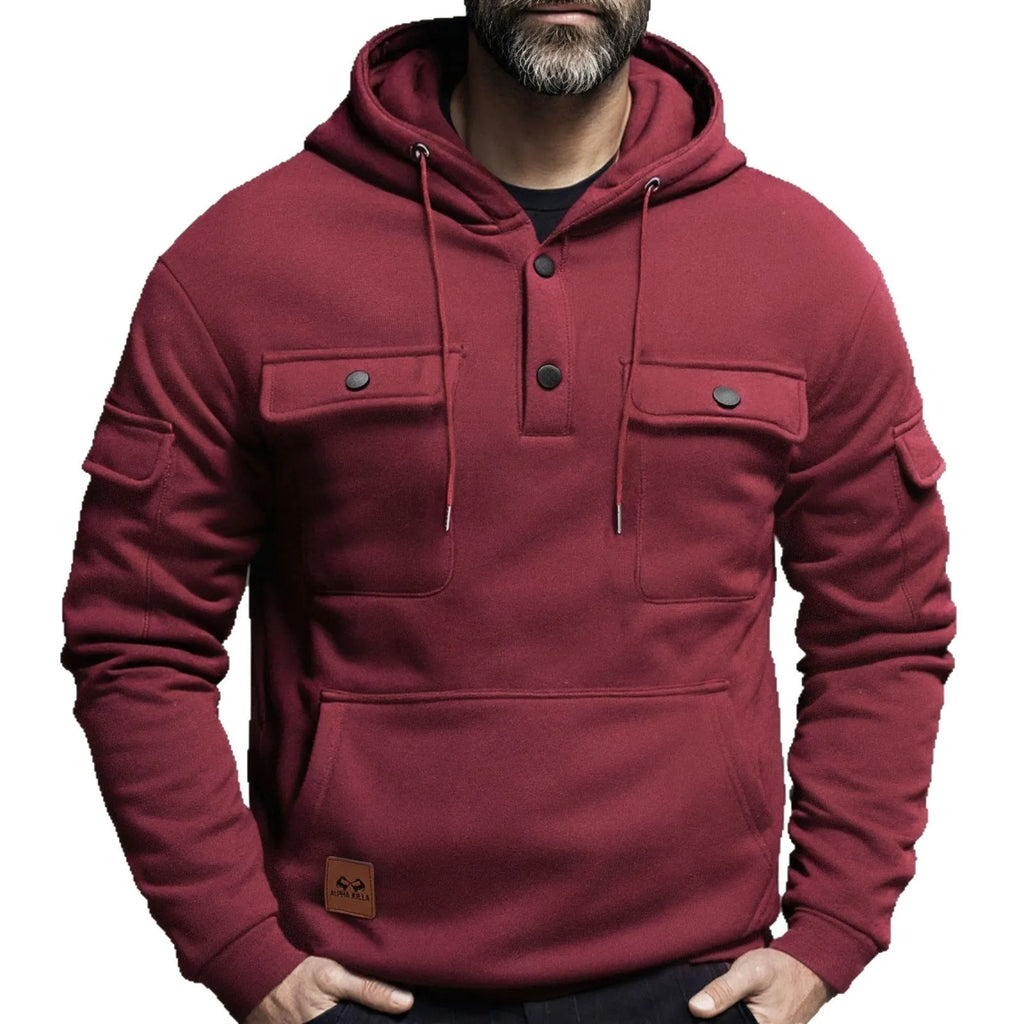 Men's polyester button multi-pocket pullover sweater in solid colour with wool lining, loose fit