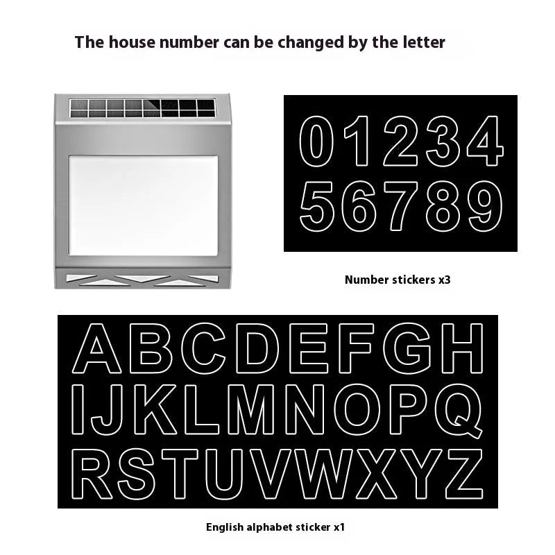 Solar powered waterproof doorplate light in black or silver with LED illumination for house numbers