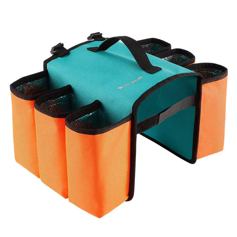 Black double-sided bicycle bag mounted on a bike carrier, showing two compartments.